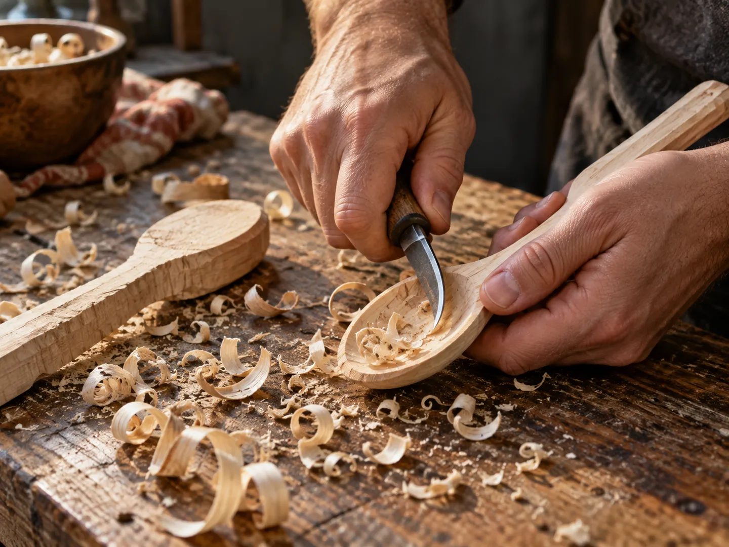 Hands carving the bowl of a pale wooden spoon with a curved knife, surrounded by curled wood shavings