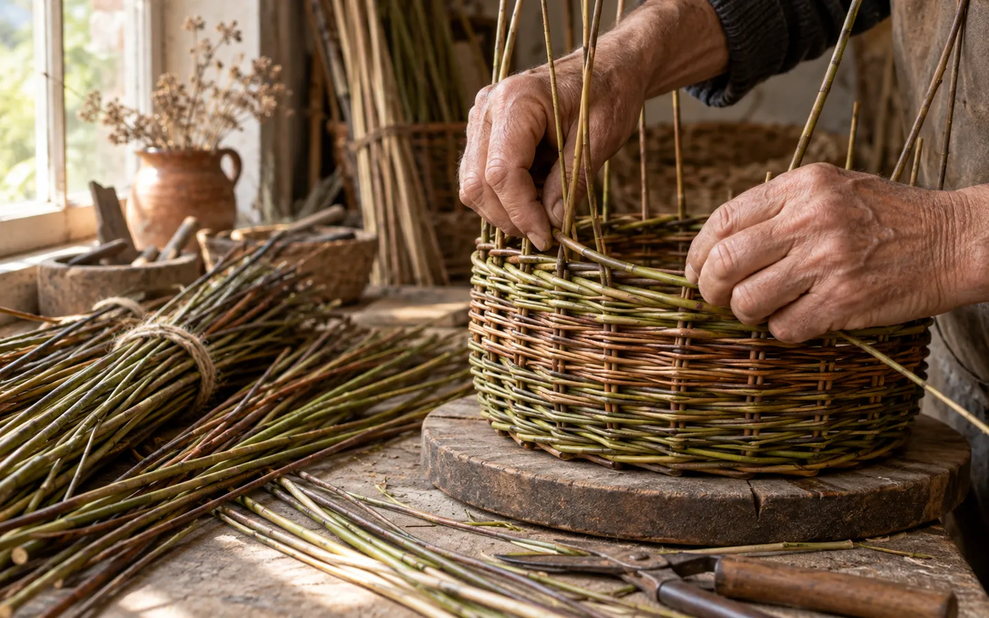Weathered hands weaving green and brown willow rods into a round basket on a wooden board, with bundles of willow beside it